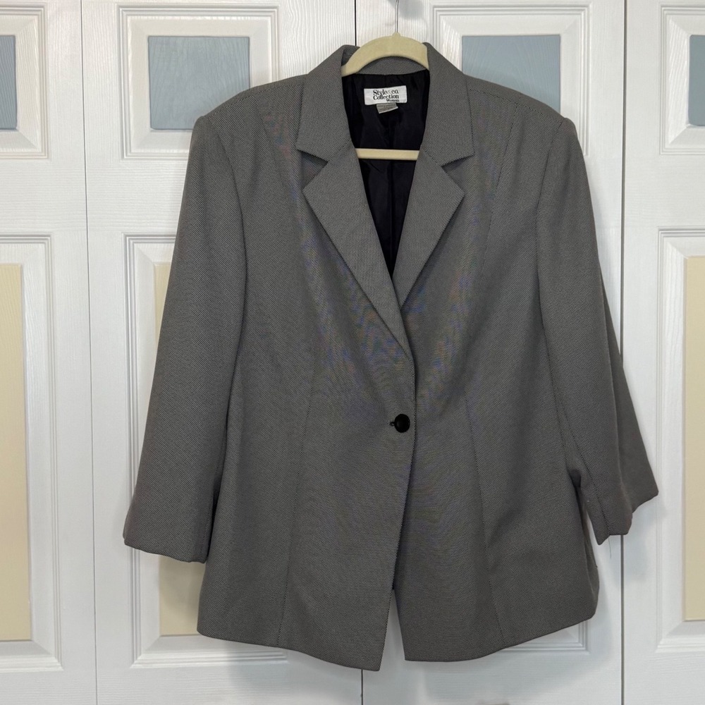 Style & Co Collection Grey Micro Check Single Button Blazer Jacket Plus Size 20W